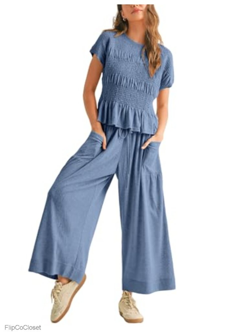 Boho Lounge Matching Set with Pockets Smocked Top Wide Leg Pants